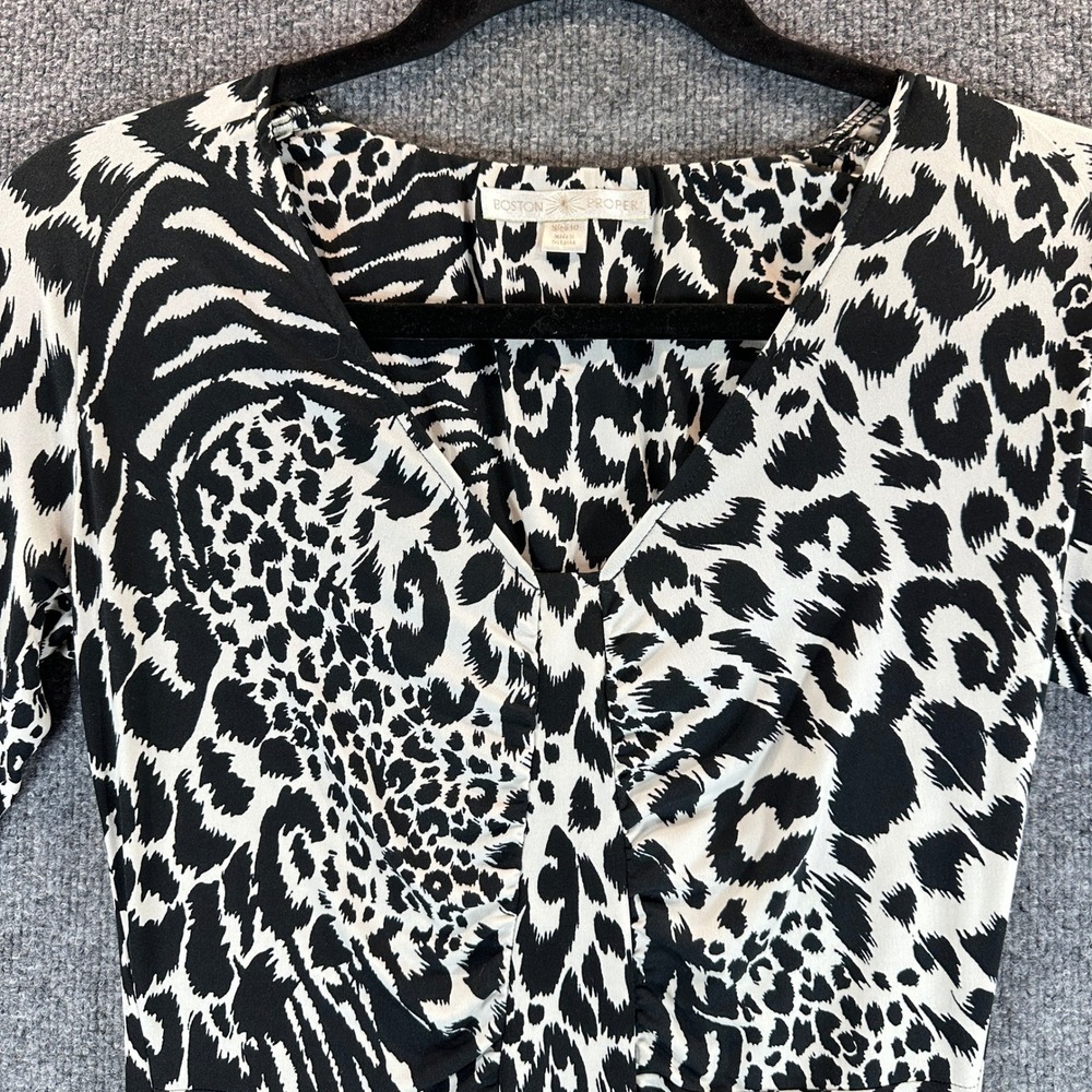 Boston Proper Dress Animal Print Ruched V-Neck Sz 10 Mob Wife Safari Cocktail - Picture 2 of 8